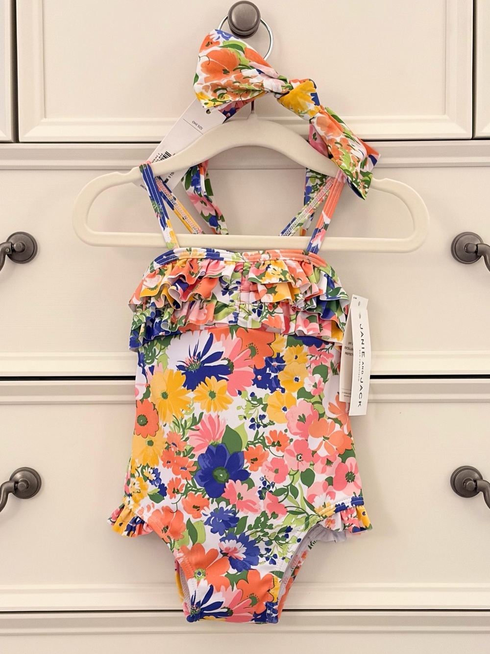 NWT Janie and Jack Baby Girl Floral Swimsuit & Bow Headband Size 12-18 Months